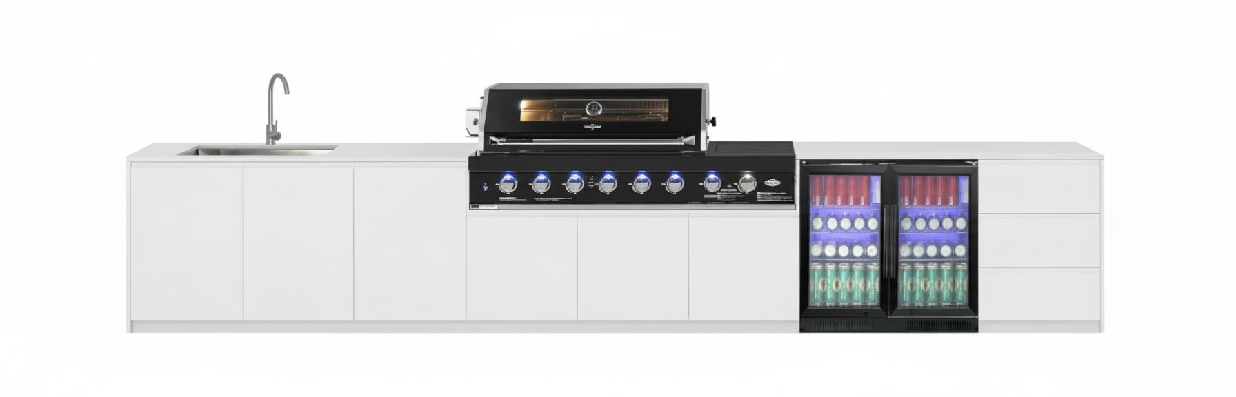 Grill King Signature Series Outdoor BBQ Kitchen Package | White Stone, Aluminium Cabinet Finish Inc Grill King 6B Built-In BBQ + Rotisserie