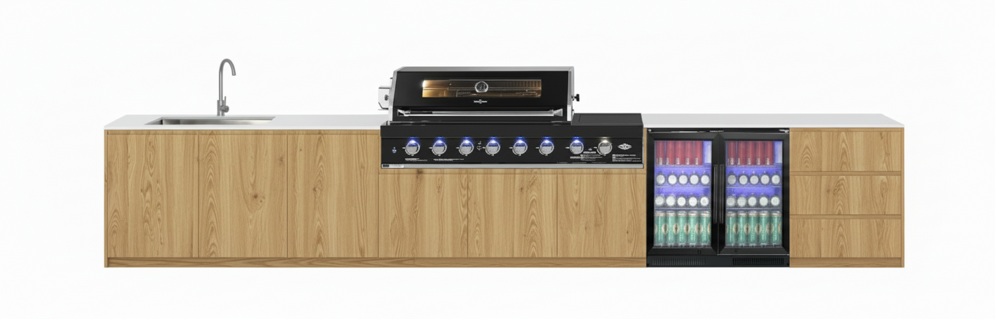 Grill King Signature Series Outdoor BBQ Kitchen Package | White Stone, Aluminium Cabinet Finish Inc Grill King 6B Built-In BBQ + Rotisserie