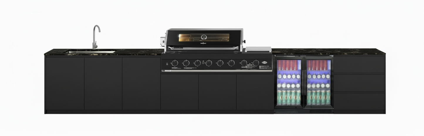 Grill King Signature Series Outdoor BBQ Kitchen Package | White Stone, Aluminium Cabinet Finish Inc Grill King 6B Built-In BBQ + Rotisserie