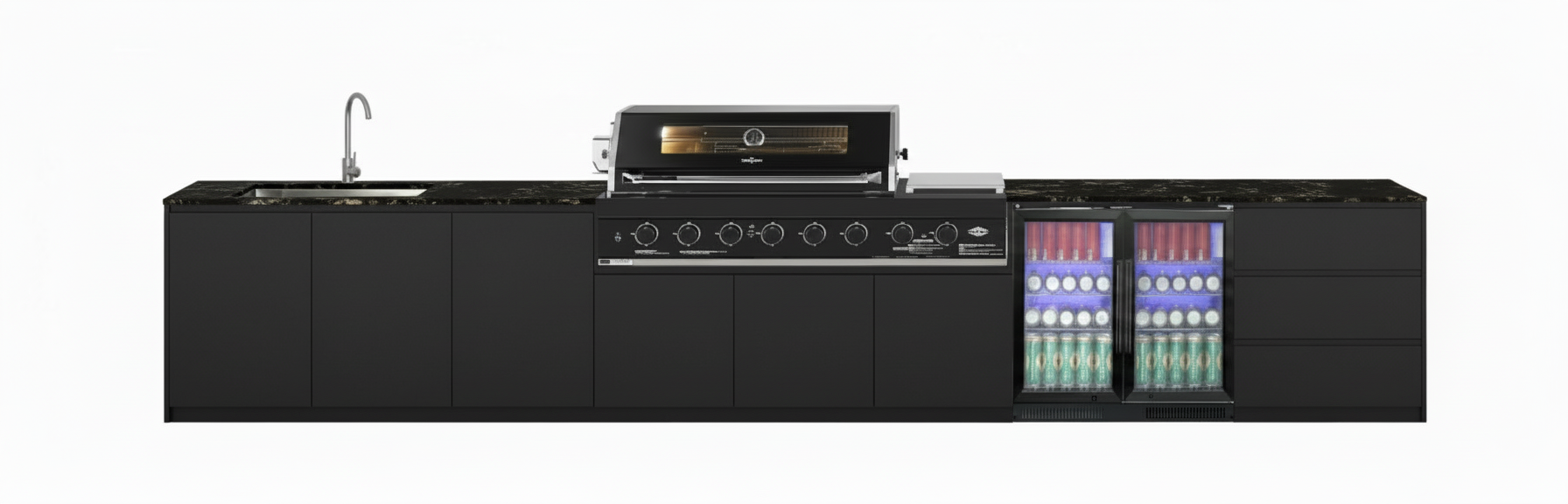 Grill King Signature Series Outdoor BBQ Kitchen Package | White Stone, Aluminium Cabinet Finish Inc Grill King 6B Built-In BBQ + Rotisserie