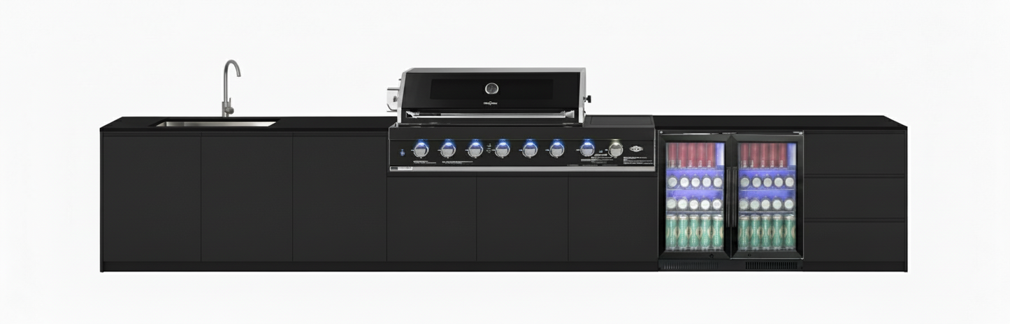 Grill King Signature Series Outdoor BBQ Kitchen Package | White Stone, Aluminium Cabinet Finish Inc Grill King 6B Built-In BBQ + Rotisserie