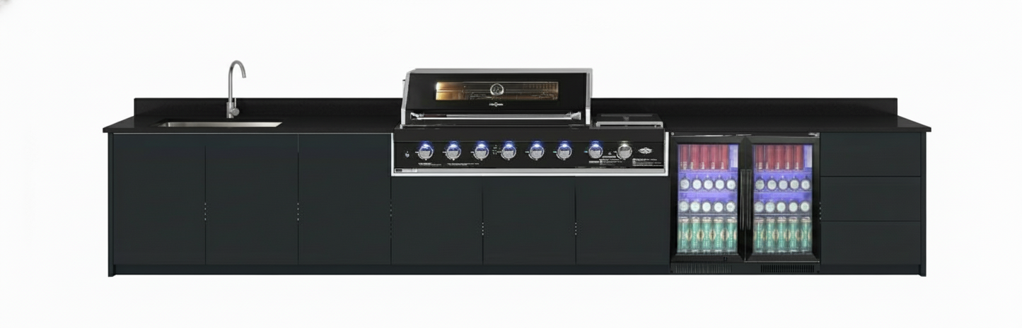 Grill King Signature Series Outdoor BBQ Kitchen Package | White Stone, Aluminium Cabinet Finish Inc Grill King 6B Built-In BBQ + Rotisserie