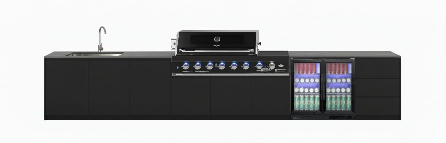 Grill King Signature Series Outdoor BBQ Kitchen Package | White Stone, Aluminium Cabinet Finish Inc Grill King 6B Built-In BBQ + Rotisserie