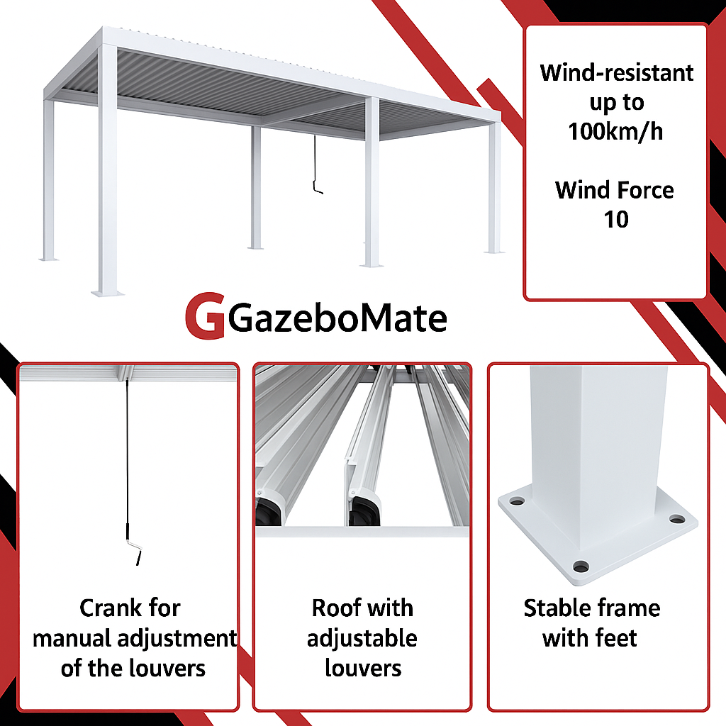 Wall Mounted 4M x 6M Semi Permanent Louvered Gazebo Monument Aluminium Heavy Duty Wind Resistant