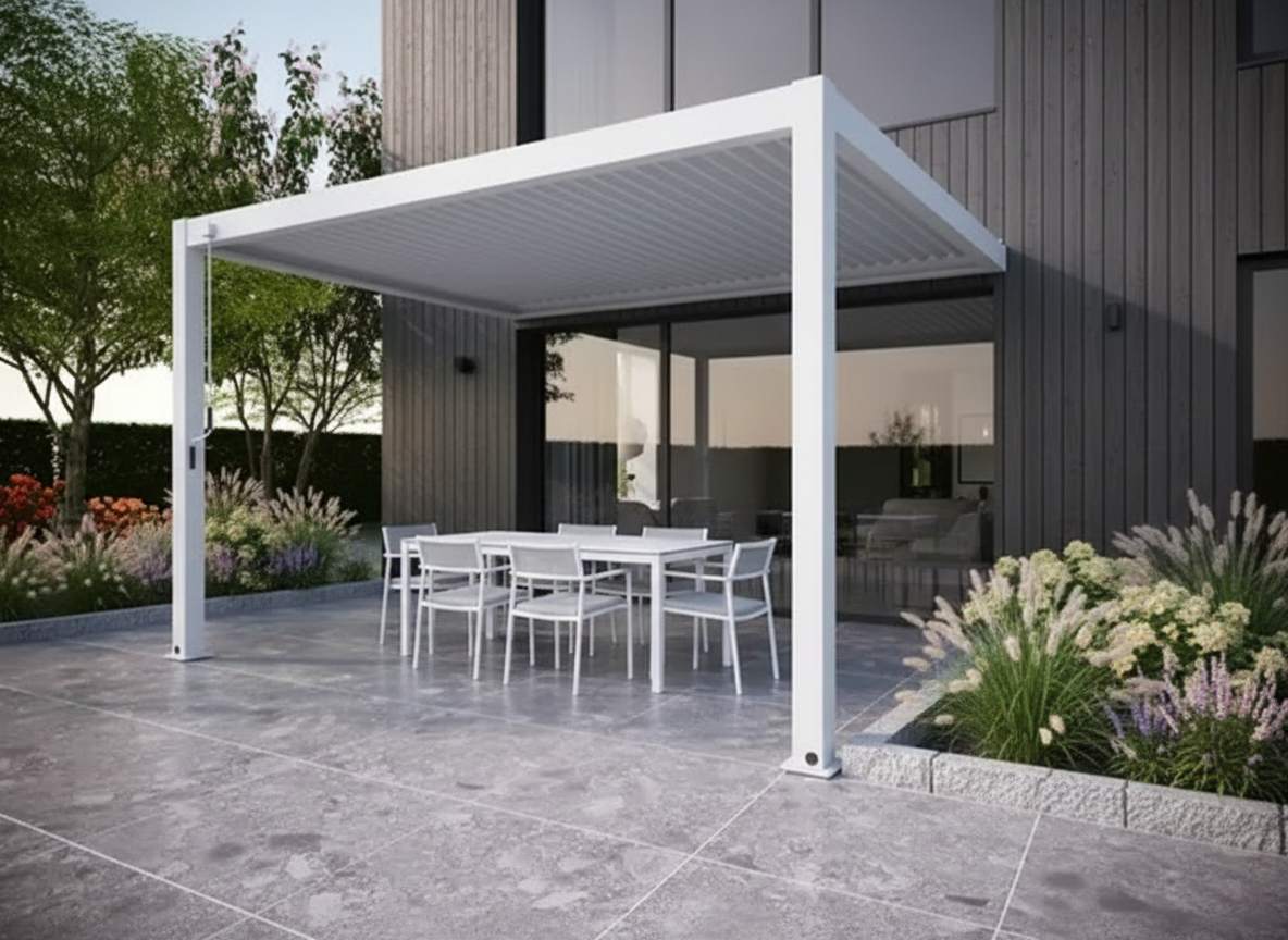 Wall Mounted 2.4x2.4M White Semi Permanent Louvred Gazebo Heavy Duty Wind Resistant