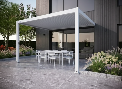 test rey 1 Wall Mounted 2.4x2.4M White Semi Permanent Louvred Gazebo Heavy Duty Wind Resistant