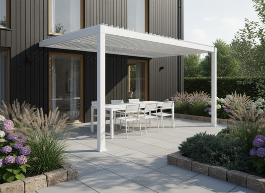 Wall Mounted 4x4M Semi Permanent Louvered Gazebo Aluminium Pergola White Heavy Duty Wind Resistant