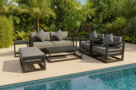 7 Piece Charcoal Aluminium Hampton Style Outdoor Furniture Lounge Set Weather Resistant 3 Seater, 1+1 + Coffee Table & 2x Side tables