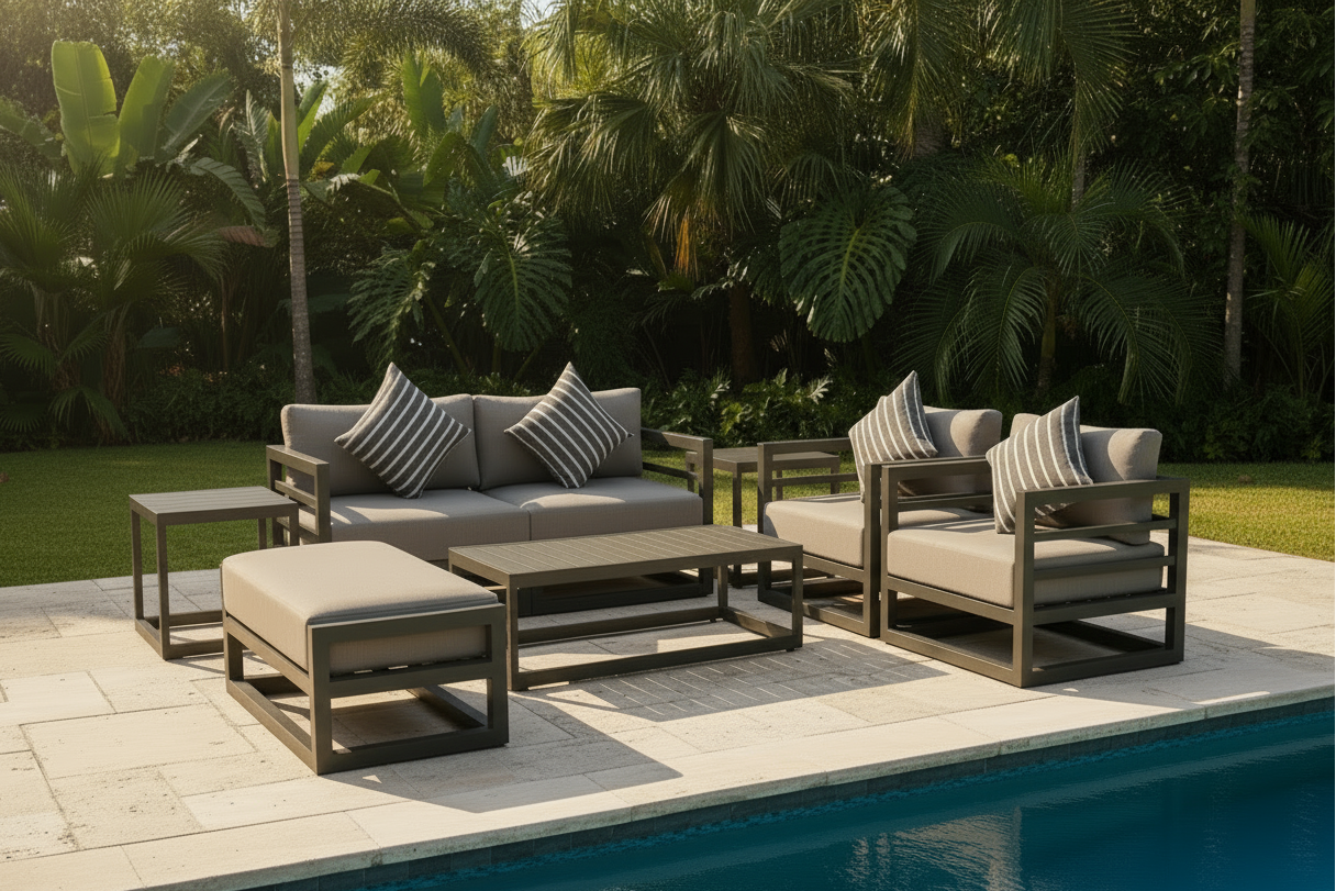 7 Piece Charcoal Aluminium Hampton Style Outdoor Furniture Lounge Set Weather Resistant 3 Seater, 1+1 + Coffee Table & 2x Side tables