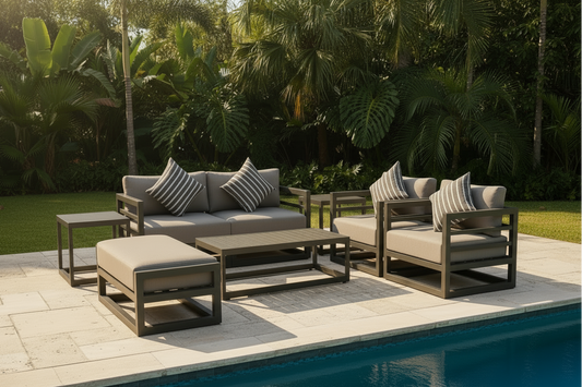 7 Piece Charcoal Aluminium Hampton Style Outdoor Furniture Lounge Set Weather Resistant 3 Seater, 1+1 + Coffee Table & 2x Side tables