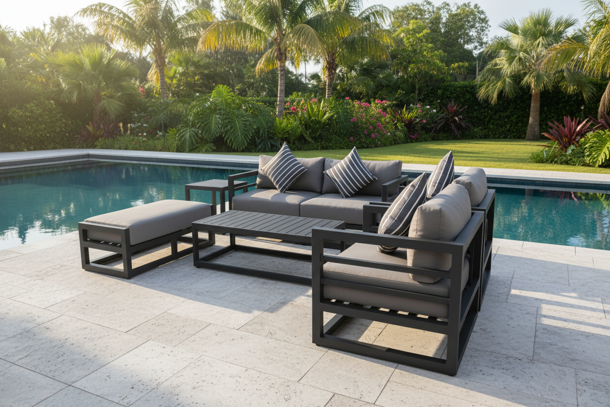 7 Piece Charcoal Aluminium Hampton Style Outdoor Furniture Lounge Set Weather Resistant 3 Seater, 1+1 + Coffee Table & 2x Side tables