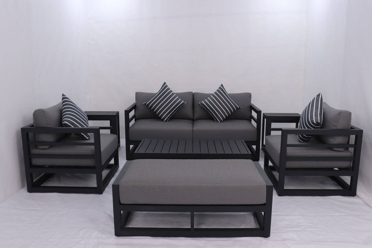 7 Piece Charcoal Aluminium Hampton Style Outdoor Furniture Lounge Set Weather Resistant 3 Seater, 1+1 + Coffee Table & 2x Side tables