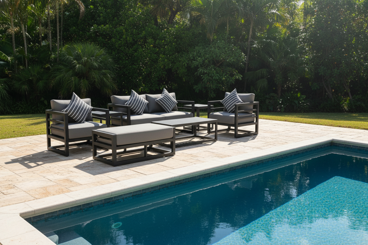 7 Piece Charcoal Aluminium Hampton Style Outdoor Furniture Lounge Set Weather Resistant 3 Seater, 1+1 + Coffee Table & 2x Side tables