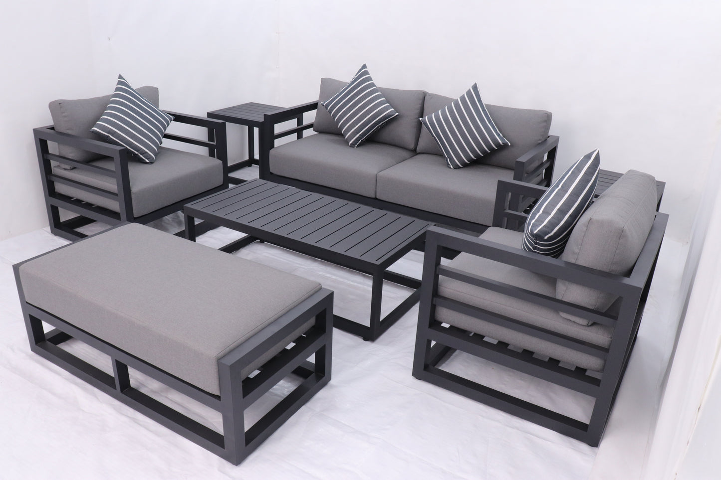 7 Piece Charcoal Aluminium Hampton Style Outdoor Furniture Lounge Set Weather Resistant 3 Seater, 1+1 + Coffee Table & 2x Side tables