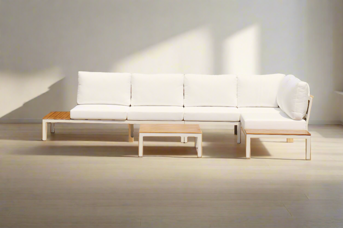 Modular Sofa Outdoor Furniture Set White Aluminium White Cusions Modular 4 Piece inc Coffe Table