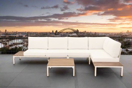 Modular Sofa Outdoor Furniture Set White Aluminium White Cusions Modular 4 Piece inc Coffe Table