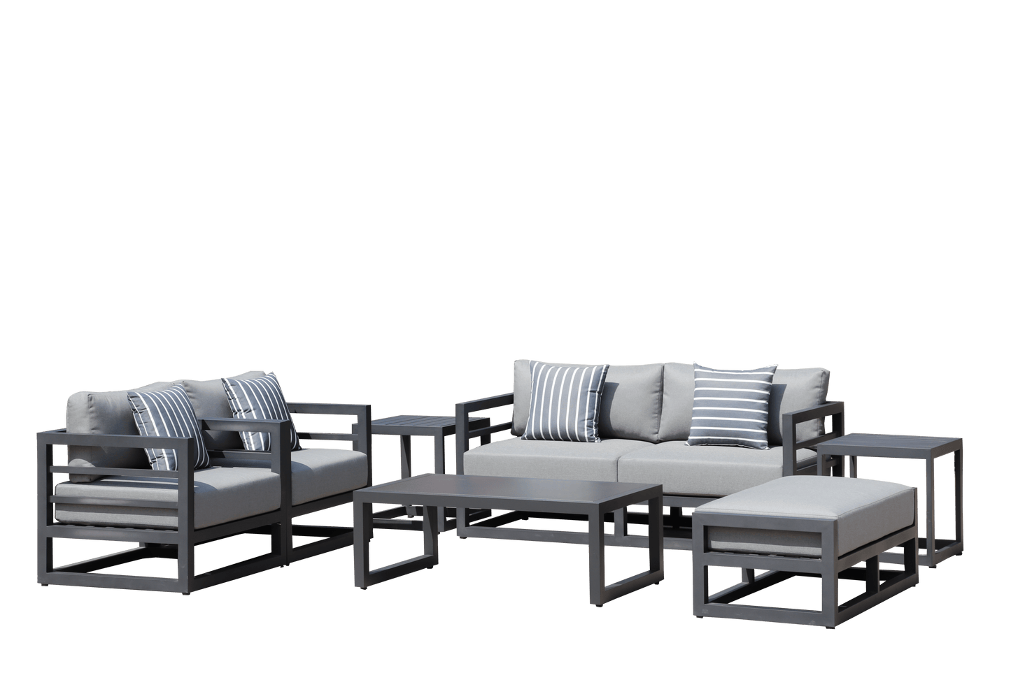 7 Piece Charcoal Aluminium Hampton Style Outdoor Furniture Lounge Set Weather Resistant 3 Seater, 1+1 + Coffee Table & 2x Side tables