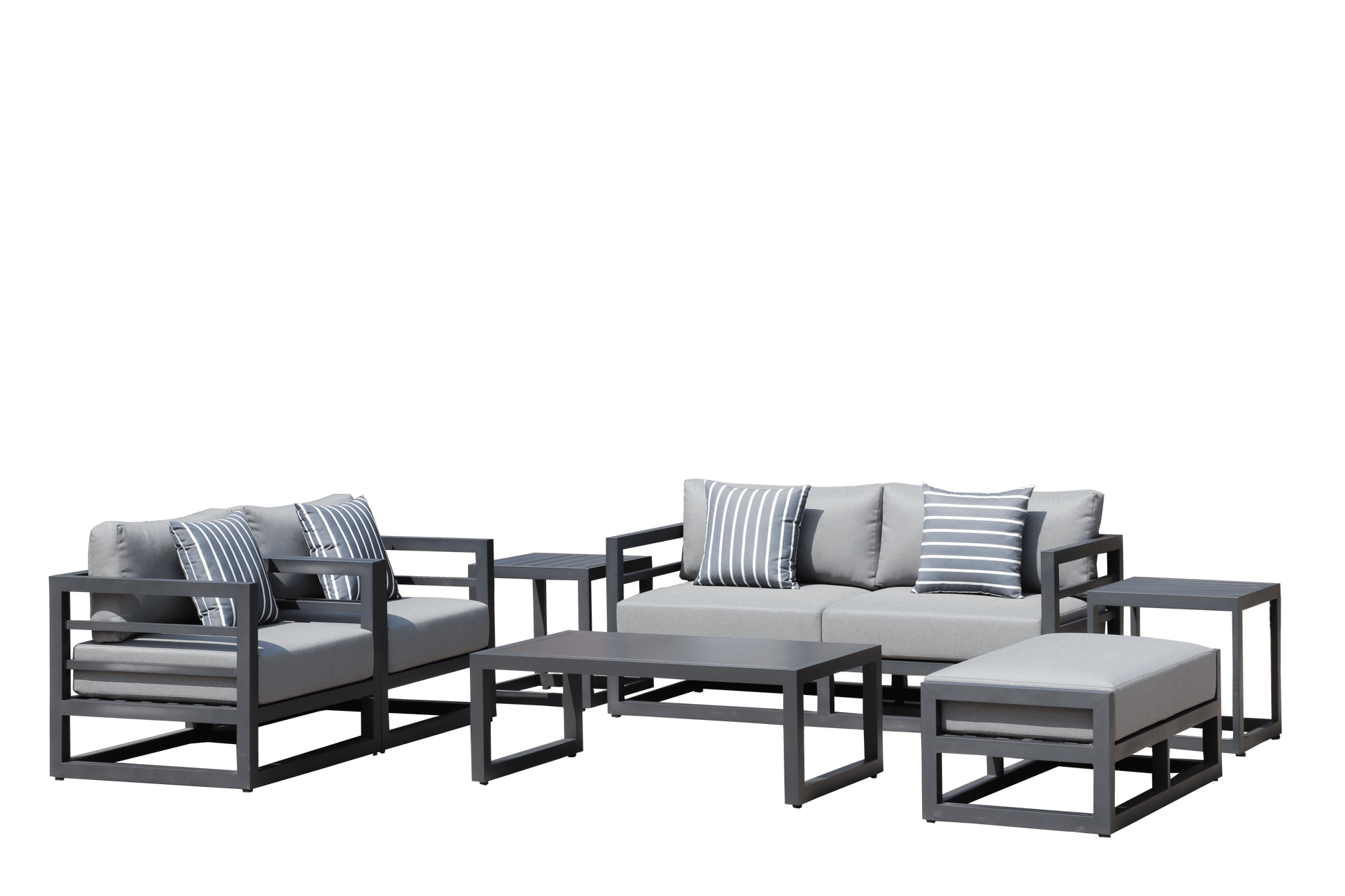 7 Piece Charcoal Aluminium Hampton Style Outdoor Furniture Lounge Set Weather Resistant 3 Seater, 1+1 + Coffee Table & 2x Side tables