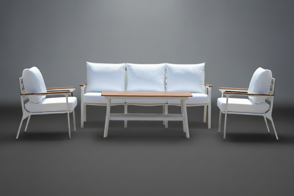 Modern 4-Piece White Aluminium Wheather Resistant Outdoor Lounge Set inc coffee table & pillows