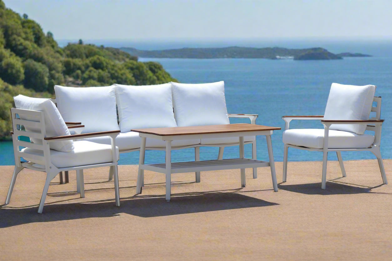 Modern 4-Piece White Aluminium Wheather Resistant Outdoor Lounge Set inc coffee table & pillows