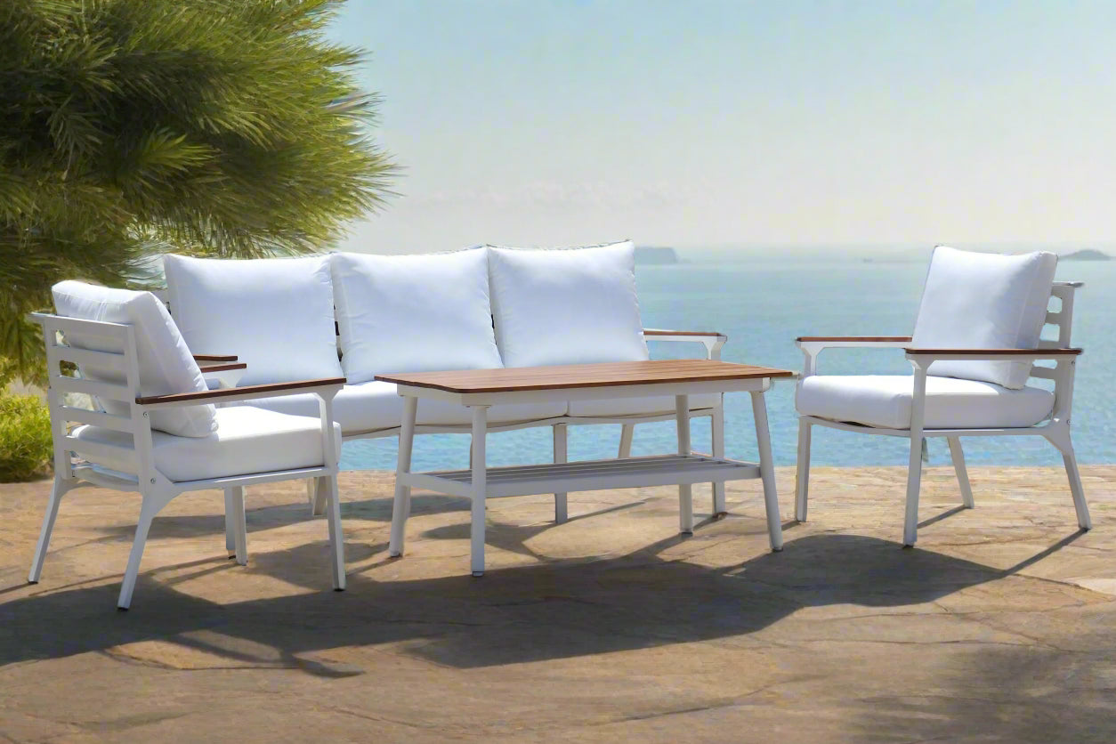 Modern 4-Piece White Aluminium Wheather Resistant Outdoor Lounge Set inc coffee table & pillows