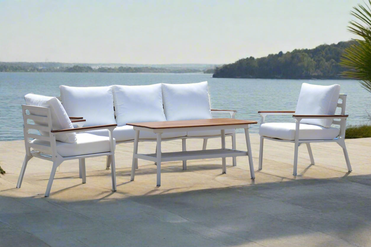 Modern 4-Piece White Aluminium Wheather Resistant Outdoor Lounge Set inc coffee table & pillows