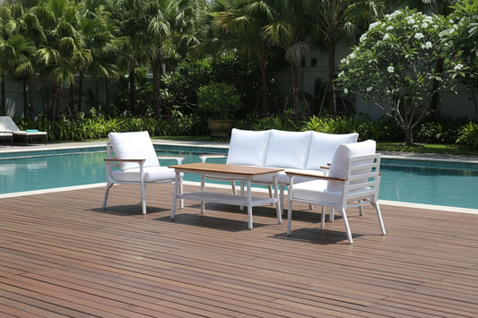 Modern 4-Piece White Aluminium Wheather Resistant Outdoor Lounge Set inc coffee table & pillows