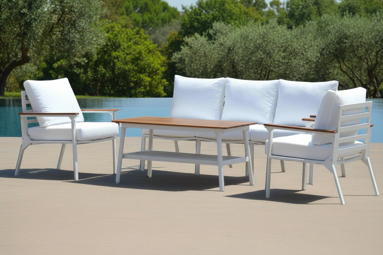 Modern 4-Piece White Aluminium Wheather Resistant Outdoor Lounge Set inc coffee table & pillows