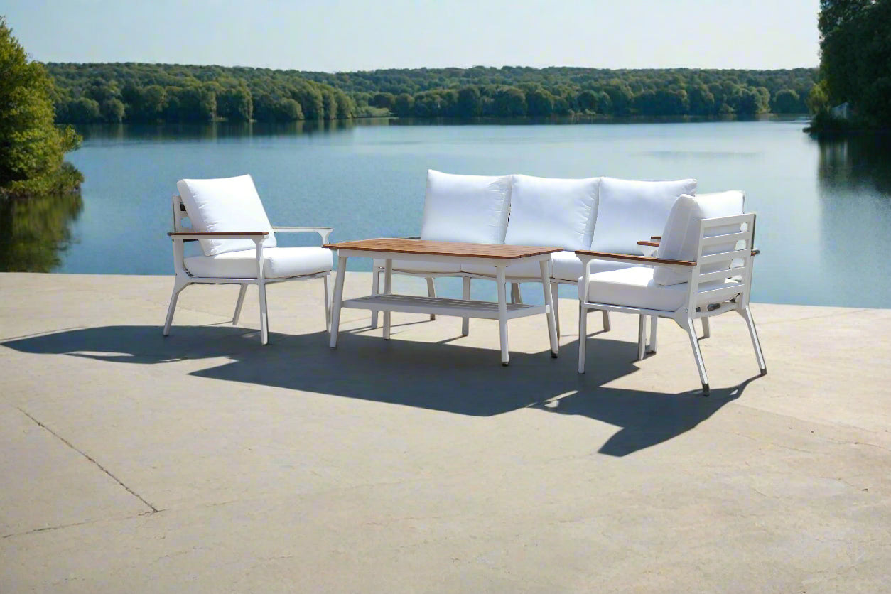 Modern 4-Piece White Aluminium Wheather Resistant Outdoor Lounge Set inc coffee table & pillows