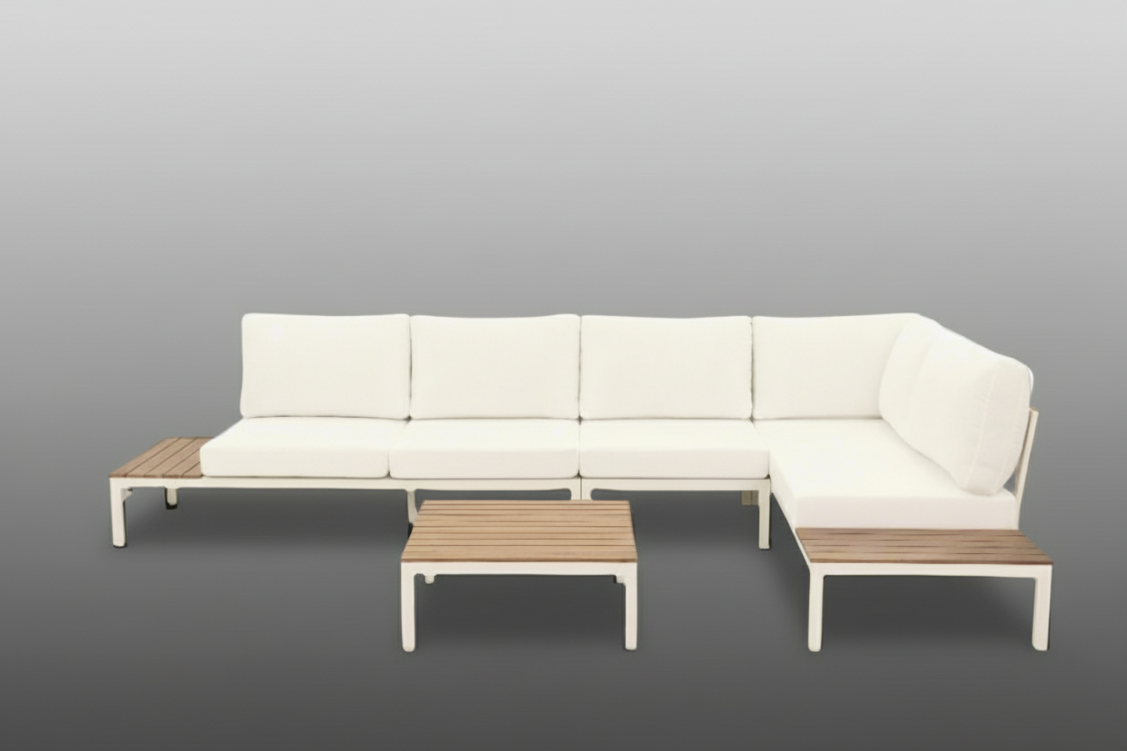 Modular Sofa Outdoor Furniture Set White Aluminium White Cusions Modular 4 Piece inc Coffe Table