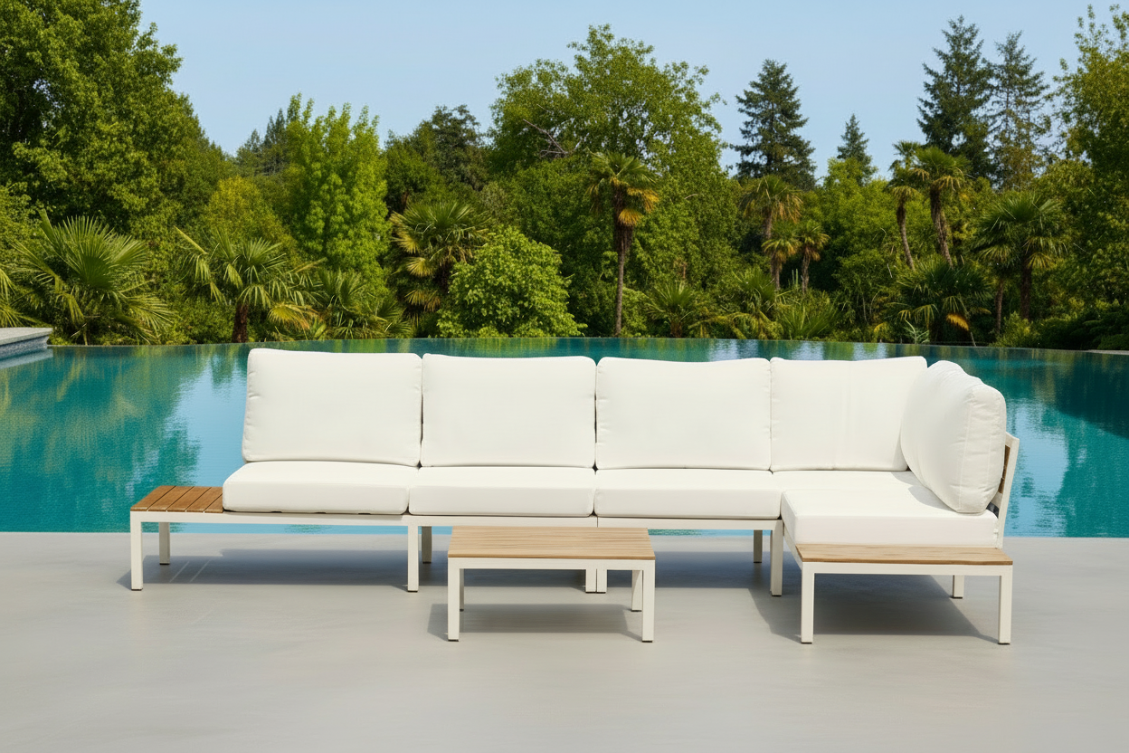 Modular Sofa Outdoor Furniture Set White Aluminium White Cusions Modular 4 Piece inc Coffe Table