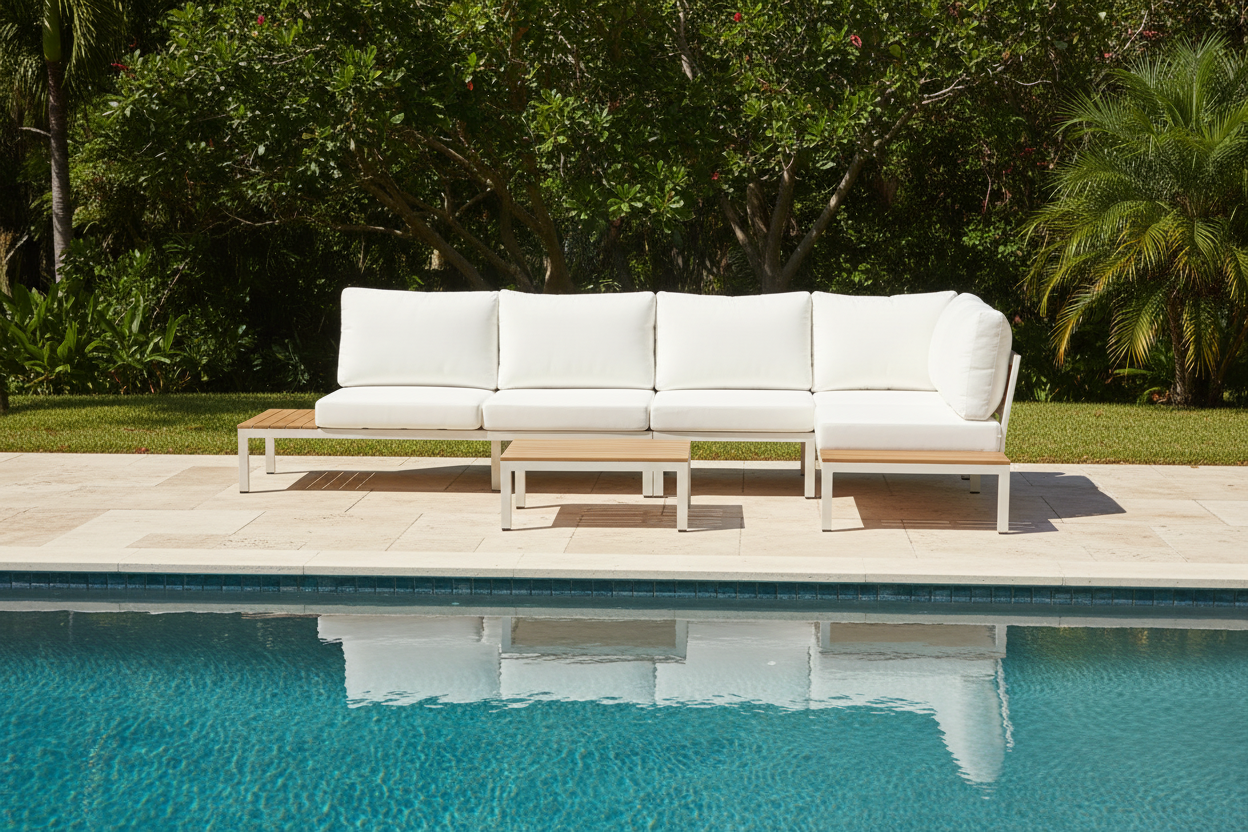 Modular Sofa Outdoor Furniture Set White Aluminium White Cusions Modular 4 Piece inc Coffe Table