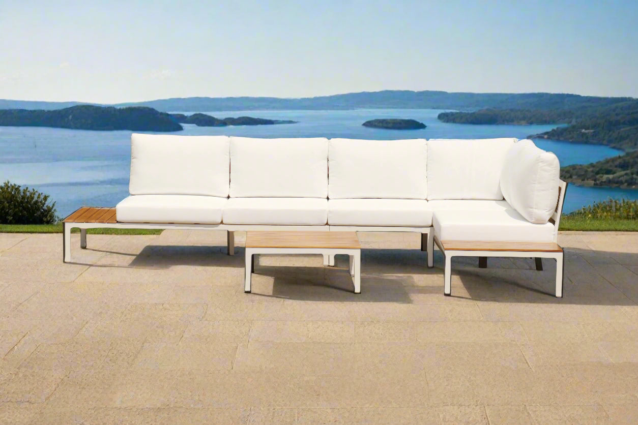 Modular Sofa Outdoor Furniture Set White Aluminium White Cusions Modular 4 Piece inc Coffe Table
