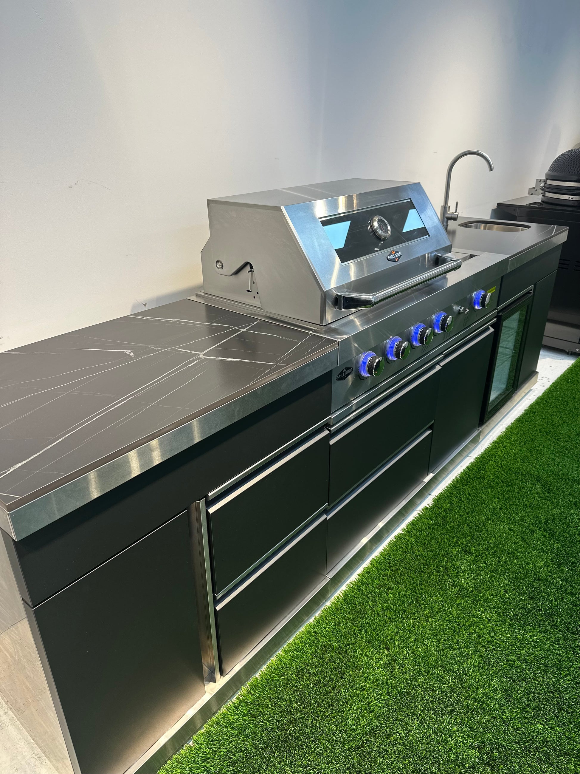Floor Stock 2.8M Charcoal & Stainless Felix 4B + Wok Designer BBQ including Fridge, Sink and Storage Cupboard