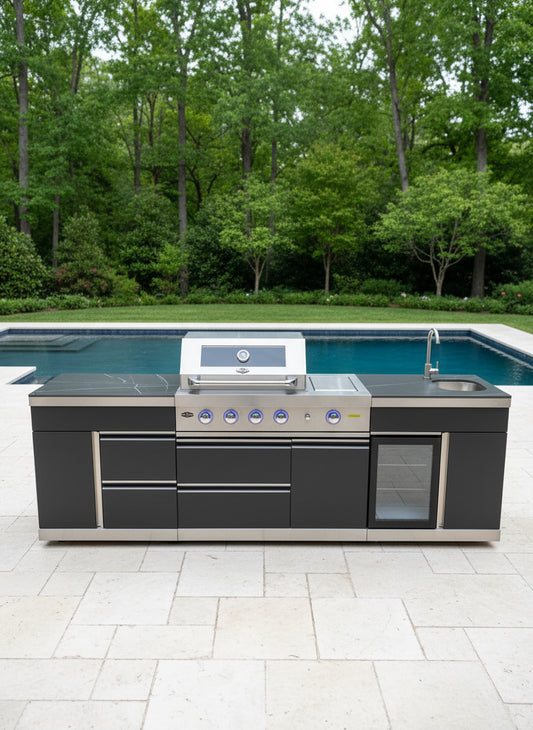 Floor Stock 2.8M Charcoal & Stainless Felix 4B + Wok Designer BBQ including Fridge, Sink and Storage Cupboard