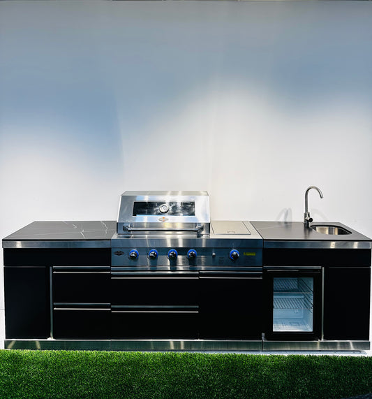Floor Stock 2.8M Charcoal & Stainless Felix 4B + Wok Designer BBQ including Fridge, Sink and Storage Cupboard