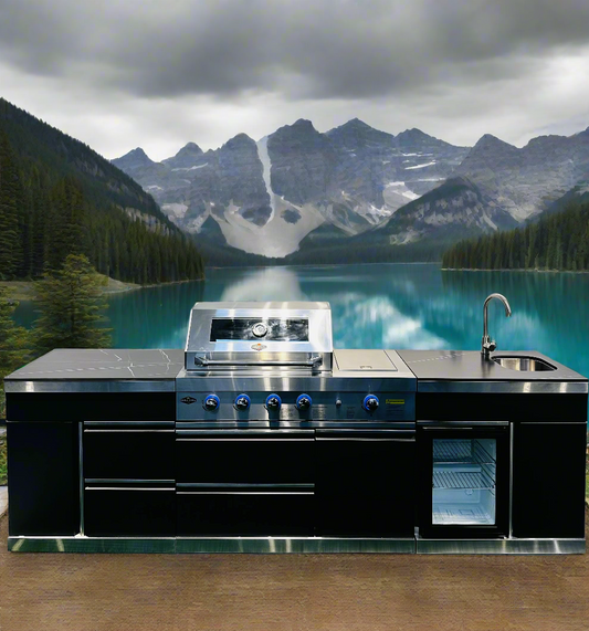 Floor Stock 2.8M Charcoal & Stainless Felix 4B + Wok Designer BBQ including Fridge, Sink and Storage Cupboard