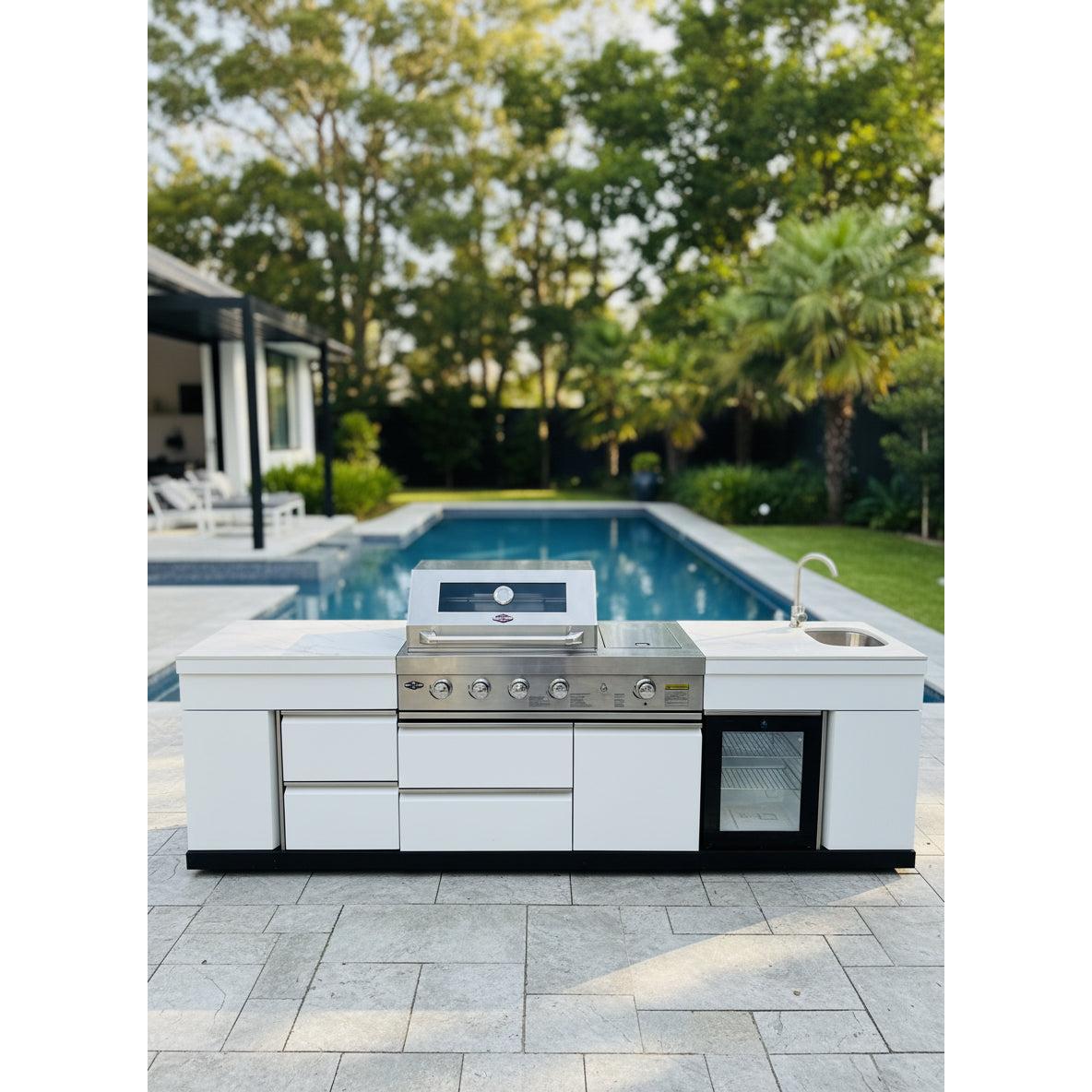 Floor Stock 2.8M White Felix 4B + Wok Designer BBQ Kitchen including Fridge, Sink and Storage Cupboard