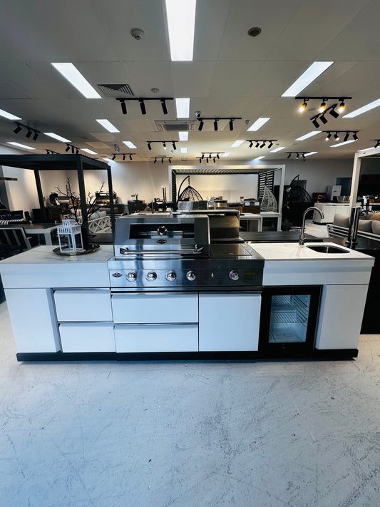 Floor Stock 2.8M White Felix 4B + Wok Designer BBQ Kitchen including Fridge, Sink and Storage Cupboard