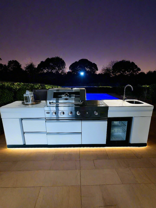 Floor Stock 2.8M White Felix 4B + Wok Designer BBQ Kitchen including Fridge, Sink and Storage Cupboard