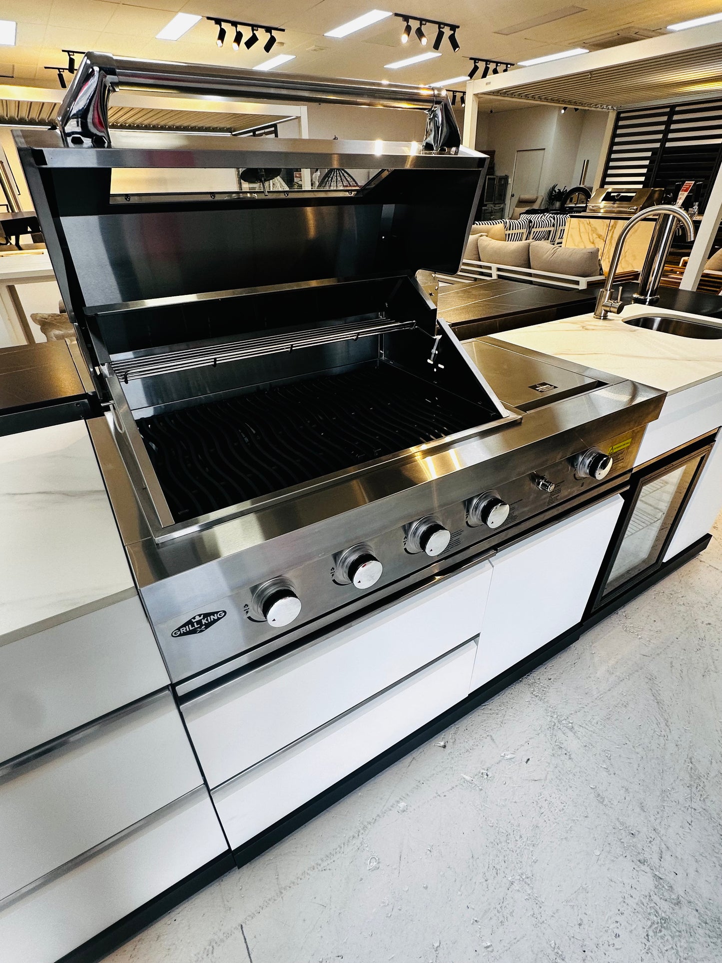 Floor Stock 2.8M White Felix 4B + Wok Designer BBQ Kitchen including Fridge, Sink and Storage Cupboard