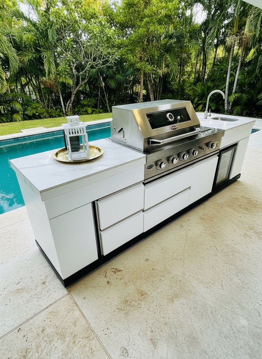 Floor Stock 2.8M White Felix 4B + Wok Designer BBQ Kitchen including Fridge, Sink and Storage Cupboard