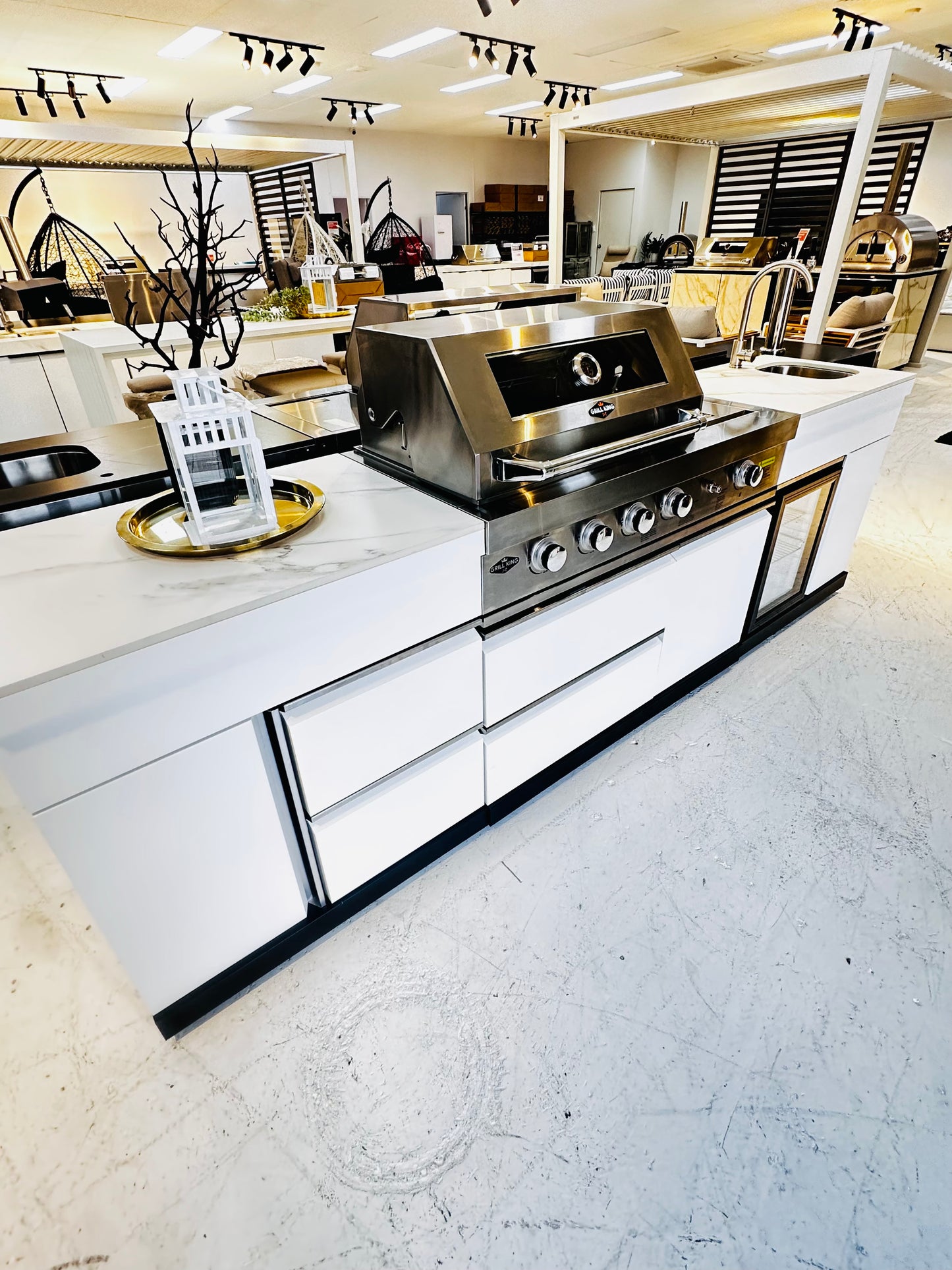 Floor Stock 2.8M White Felix 4B + Wok Designer BBQ Kitchen including Fridge, Sink and Storage Cupboard