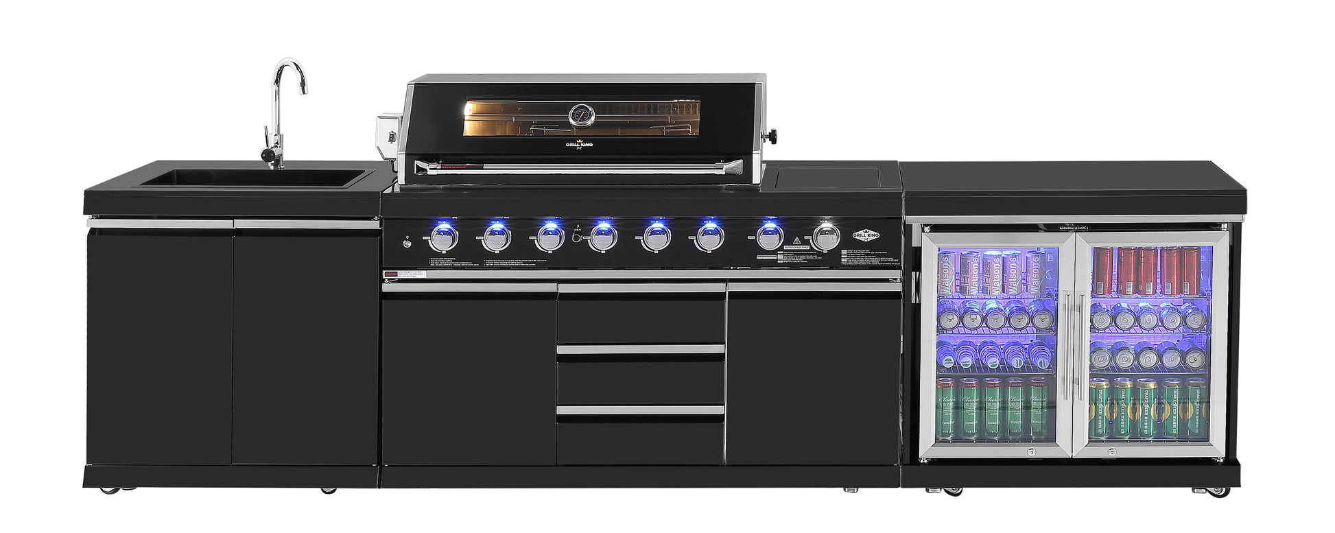 Kingsley 6-Burner Outdoor BBQ Kitchen: Black Stainless Steel, Stone Bench, Fridge, Sink, Height Adjustable, Rotisserie with BBQ Cover