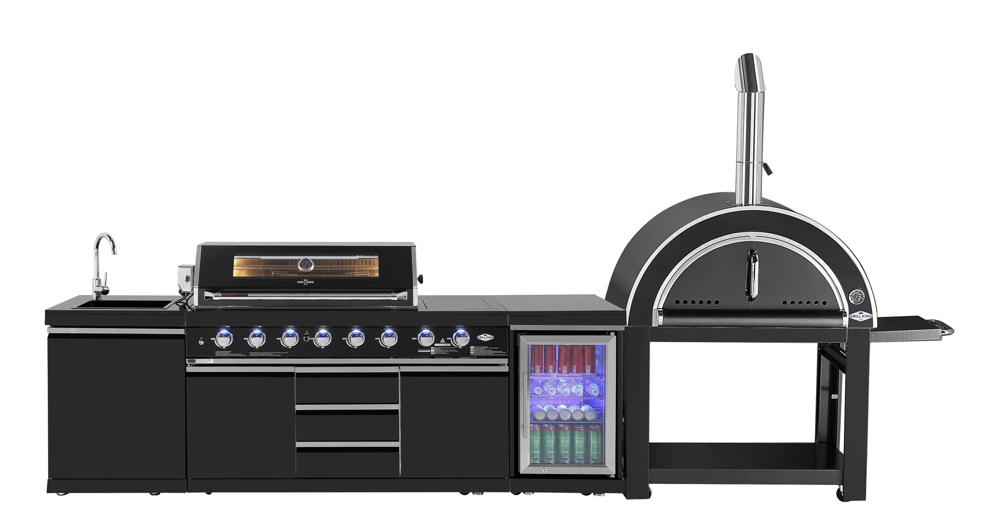 Kingsley 6-Burner Outdoor BBQ Kitchen: Black Stainless Steel, Stone Bench, Fridge, Sink, Height Adjustable, Rotisserie with BBQ Cover