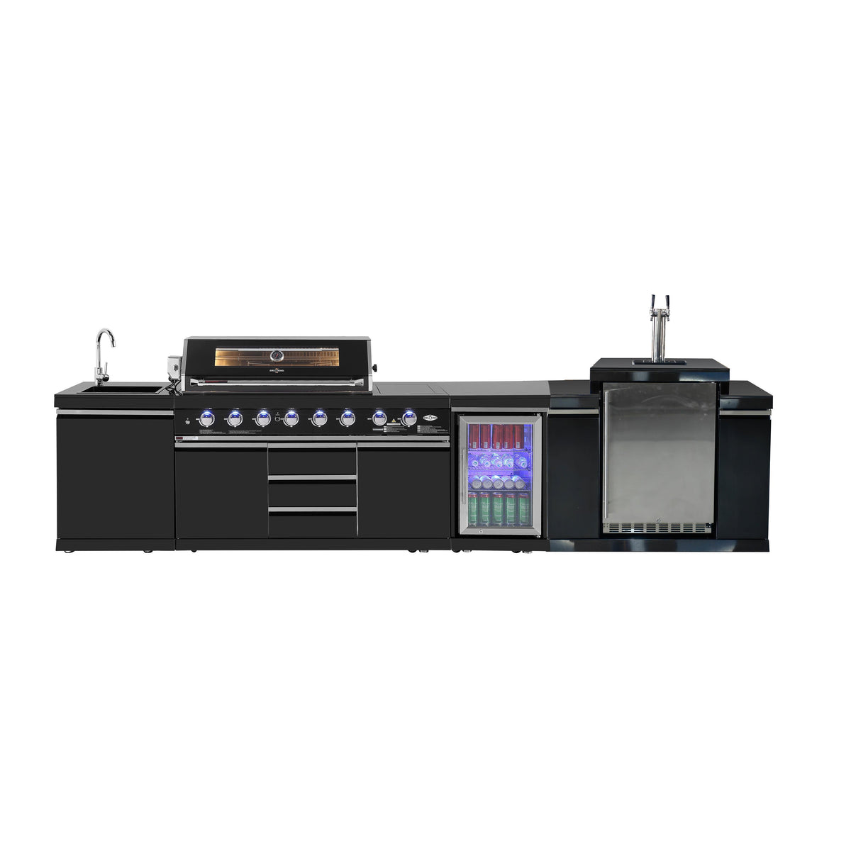 Kingsley 6-Burner Outdoor BBQ Kitchen + 188L Kegerator : Black Stainless Steel, Stone Bench, Fridge, Sink, Height Adjustable
