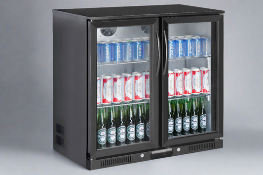 Tropical Rated Triple Glazed 208L Double Door Under-bench Commercial Bar Wine Fridge Drinks Chiller in Black