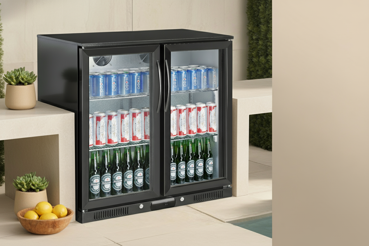 Tropical Rated Triple Glazed 208L Double Door Under-bench Commercial Bar Wine Fridge Drinks Chiller in Black