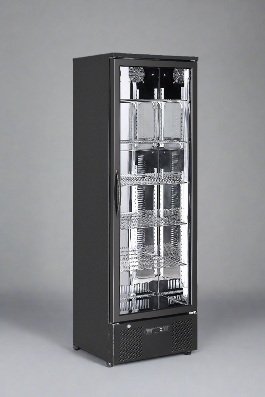 Tropical Rated Triple Glazed 293Ltr Single Door Upright Commercial Wine Bar Fridge Chiller Can Cooler in Black