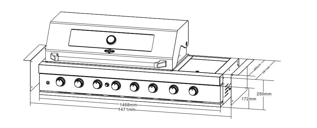 Kingsley 6 Burner Built In BBQ With Side Wok & Rear Infrared Burner | Black Stainless Steel, Blue LED Knobs